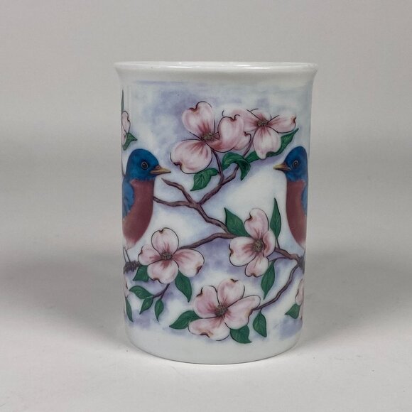Vintage 1996 Bluebird Dogwood Flowers Coffee Mug Cup Porcelain Cottagecore - Picture 2 of 6